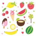 Set of summer fruits, ice cream and other food with relax, summer and vacation happy mood. Summer cartoon hand draw