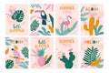 Set of Summer holiday cards. Hand drawn beautiful posters with toucans, flamingos, parrot, cactuses, exotic leaves in trendy style Royalty Free Stock Photo