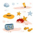 Set of summer holidays tropical beach elements in cartoon style. Sea or ocean vacation set with hat, sun cream, crab, beach bag, Royalty Free Stock Photo