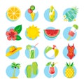 Set of summer icons in flat style: sun, palm tree, sandal, tropical fruits and flower, cocktails, ball, ice cream. Beach Royalty Free Stock Photo