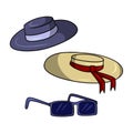 Set of summer icons, sun protection, hats and sunglasses, vector illustration in cartoon Royalty Free Stock Photo