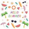 Set of summer icons, watermelons, sun, sunglasses, surfing board, starfish, beach ball, sandals and other objects