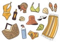 Set of summer items in doodle style. Beach swimsuit, shell, flip flops, sunscreen, beach wicker bag, panama hat