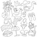 Set of summer items - palm tree, swimsuit, inflatable circle, vector set of doodle elements with black outline