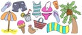 Set of summer items - tree, swimsuit, inflatable circle, vector set of colored doodle elements