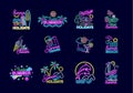 Set of summer neon signs with bright illumination, emblems, icons.