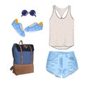 A set of summer outfit collection with accessories. Casual outfit.