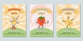 Set of summer party poster templates. Cute cartoon lemonade, strawberry and lemon character in y2k groovy style.