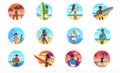 Set summer people beach icons decorative. Vacation trip holiday beach outdoor activty on ocean sea, surf, palms, flora Royalty Free Stock Photo