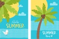 Set of summer posters with sea, palm trees and seagull. Vector illustration. Tropical beach vertical cards Hello Summer