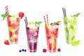 A set of summer refreshing cocktails, classic Mojito with lime, Mojito with strawberries, raspberries, mojito with blueberries