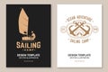 Set of summer sailing camp template. Vector illustration Flyer, brochure, banner, poster design with man in sailboats