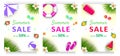 Set of summer Sale banner, hot season discount poster with tropical leaves, ice cream, watermelon and sunglasses Royalty Free Stock Photo