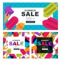 Set of summer sale banners with multicolor ice cream. Vector horizontal and square banners and flyers. Royalty Free Stock Photo