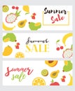 Set of summer sale flyers. Vector poster for summer sale with writing on seamless pattern with fruits.