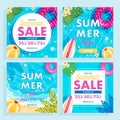 Set of summer sale square flyers cards. Summer promotion background. Royalty Free Stock Photo