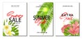 Set of summer sale template banner. Tropical backgrounds set with realistic tropical leaves and beautiful flowers. Wallpape Royalty Free Stock Photo