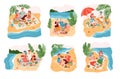 Set of summer scenes with people on picnic, flat isolated vector illustration. Royalty Free Stock Photo