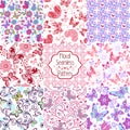 Set of summer seamless floral ornament. Set of floral seamless patterns with pink, blue butterflies and hearts Royalty Free Stock Photo