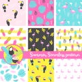 Set of summer seamless pattern with flamingo, toucan, parrot, pineapple, palm and exotic leaves. Royalty Free Stock Photo