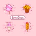 Set of summer snacks: corn dog, ice cream, cotton candy, cake. Vector icons for fast food. Thin line flat design Royalty Free Stock Photo