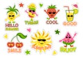 Set of summer stickers: sun, fruit, ice cream and cocktail. Characters in sunglasses