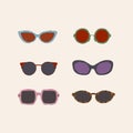 A set of summer sunglasses from the sun. The illustration in the vector of glasses is multicolored. Glasses with colored Royalty Free Stock Photo