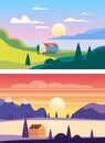 Set Summer sunset seaside landscapes. Sea ocean nature hills fields mountains blue sky clouds sun house countryside Royalty Free Stock Photo
