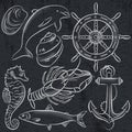 Set of summer symbols, ship rudder, anchor, shells, lobster, do