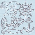 Set of summer symbols, ship rudder,anchor, shells, lobster,dolp
