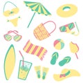 set of summer things for beach, flat style, isolated