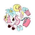 Set of summer things for the beach isolated on a white background. Swimsuit, sunglasses, hat, beach slippers. Vector Royalty Free Stock Photo