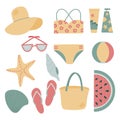 A set of summer things for relaxing on the beach and by the pool. Vector flat illustration, hand drawn. Isolated objects