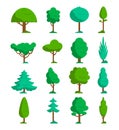 Set of summer trees with different leaves and shapes. Green trees set. Summer trees icon collection in flat style. Vector Royalty Free Stock Photo