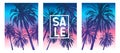 Set of summer tropical brochure covers design with palm trees silhouettes on morning sunrise sky background Royalty Free Stock Photo