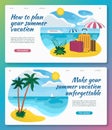 Set of summer vacation concept illustrations. Tropical landscape with sea, sandy beach, palm trees, sailboat. Royalty Free Stock Photo