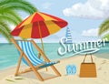 Set for summer vacation design - chaise longue, beach slippers, beach bag, umbrella protecting from the sun. Summer holiday. Royalty Free Stock Photo