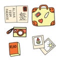 Set of summer vacation icons vector. Postcard, suitcase, camera, pictures, book