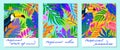 Set of summer vector illustrations with bright tropical leaves,flamingo,toucan and flowers Royalty Free Stock Photo