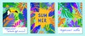 Set of summer vector illustrations with tropical leaves,flowers and toucan