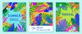 Set of summer vector illustrations with tropical leaves,flowers and toucan Royalty Free Stock Photo