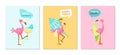 Set of Summer Vibes Banners with Cute Pink Flamingo Drink Cocktail, Carry Umbrella and Surf Board