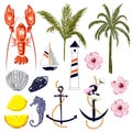 Set of summer vibes lobster,shell,ship,coconut and palm