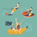 Set of summer water activities. Banana boat, water bike, water ski.