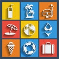 Set of 9 summer web and mobile icons. Vector. Royalty Free Stock Photo