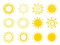 Set of summer yellow stylized suns. Hand drawn summer logos and icons