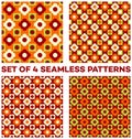 Set of 4 summery seamless patterns with different geometric shapes of orange, green, white and cherry shades