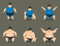 Set of sumo wrestlers in different poses.