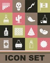 Set Sun, Beans, Tequila bottle and glass, Snake, Cactus, Pan flute and Hot chili pepper pod icon. Vector