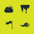 Set Sun and cloud, Cone meteorology windsock wind vane, Meteorology and Icicle icon. Vector Royalty Free Stock Photo